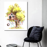 Paint by Numbers Art Illustration Yellow Tree with Pink Tree House